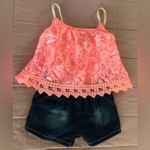 🦩🪷LIMITED TOO🪷🦩Coral Pink Crochet Lace/Denim 1-Piece Summer Romper-24 Months